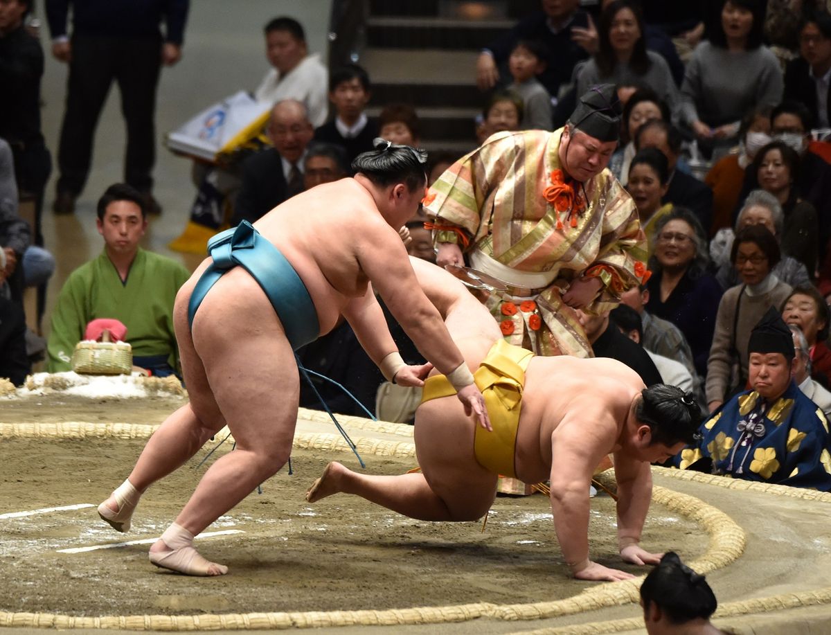 2019年１月27日＝両国国技館　千秋楽、勝てば優勝の一番。遠藤を突き落として優勝を決める。