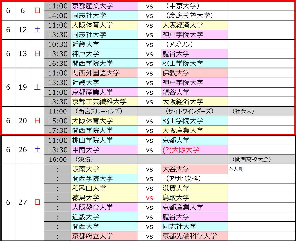 関西学生アメリカンhッとボール連盟が発表した、2021年6月の試合日程