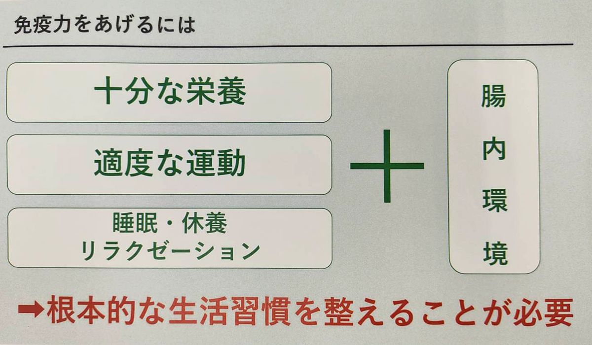 免疫力を高めるために必要なことが十分な栄養、適度な運動、睡眠・休養リラクゼーション＋腸内環境だという