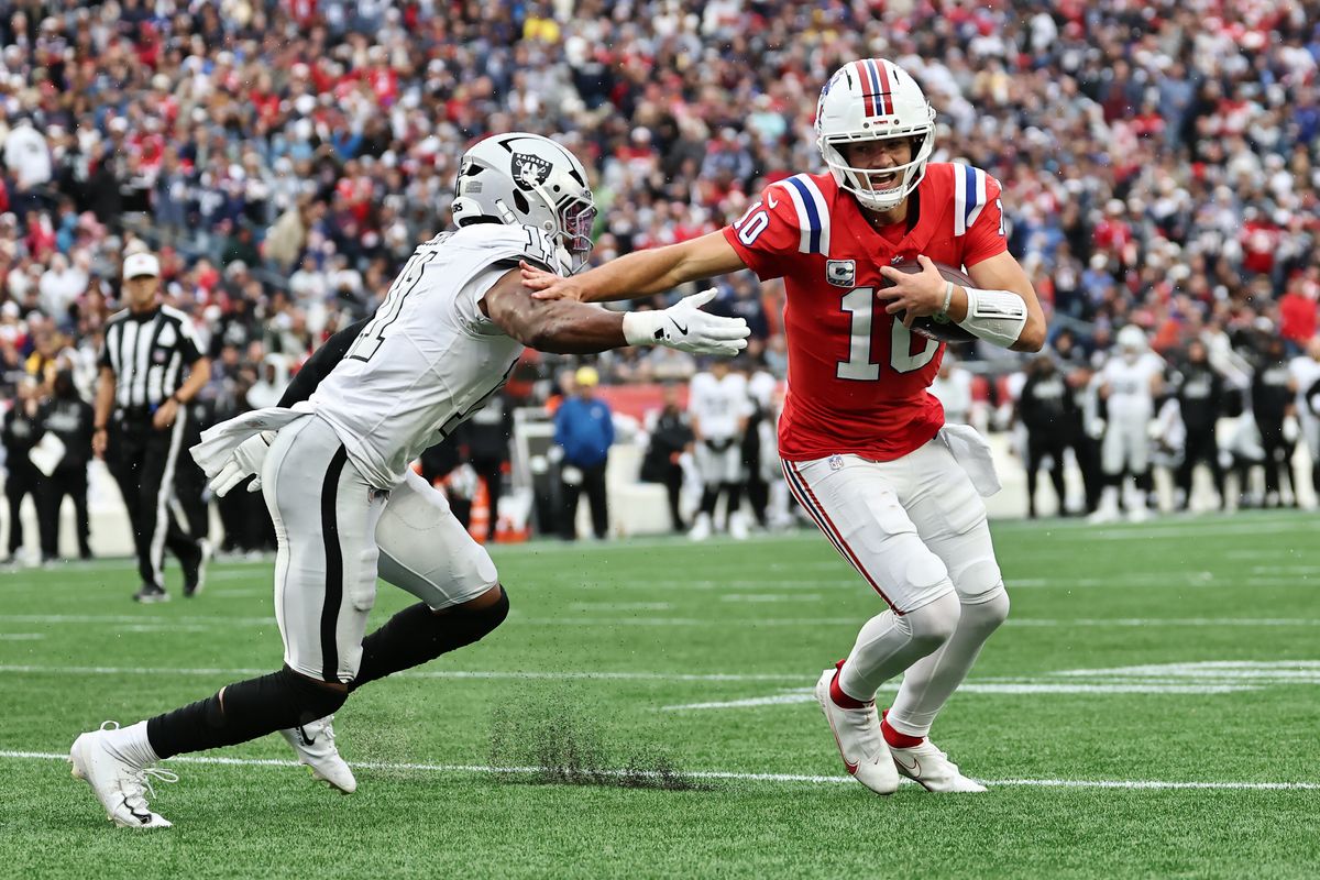 【ペイトリオッツ vs レイダース】開幕3戦でパス1TD・６INTのどん底から、直近2戦でパス7TD・1INTといきなり絶好調に切り替わったペイトリオッツQBメイ（＃10）＝Getty Images
